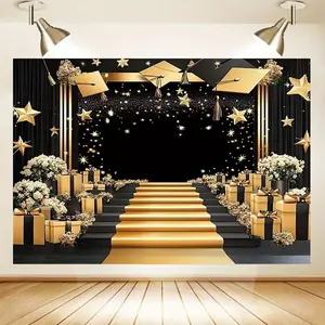 Summervibes 2D Flat, Graduation Celebration Polyester Photography Backdrop& Party Banner- Elegant Black with Golden Stars& Graduation Caps, Perfect for Indoor/Outdoor Parties, Home Decor, Studio Props& Garage,summervibes