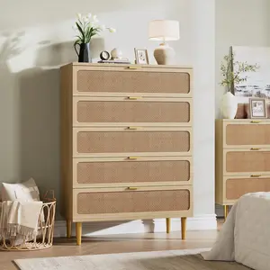 Rattan 5 Drawer Dresser for Bedroom, Tall Dresser with Deep Drawers, Large Chest of Drawers for Closet with Wide Top, Long Wooden Dresser for Living Room, Hallway, Kids Room, Natural