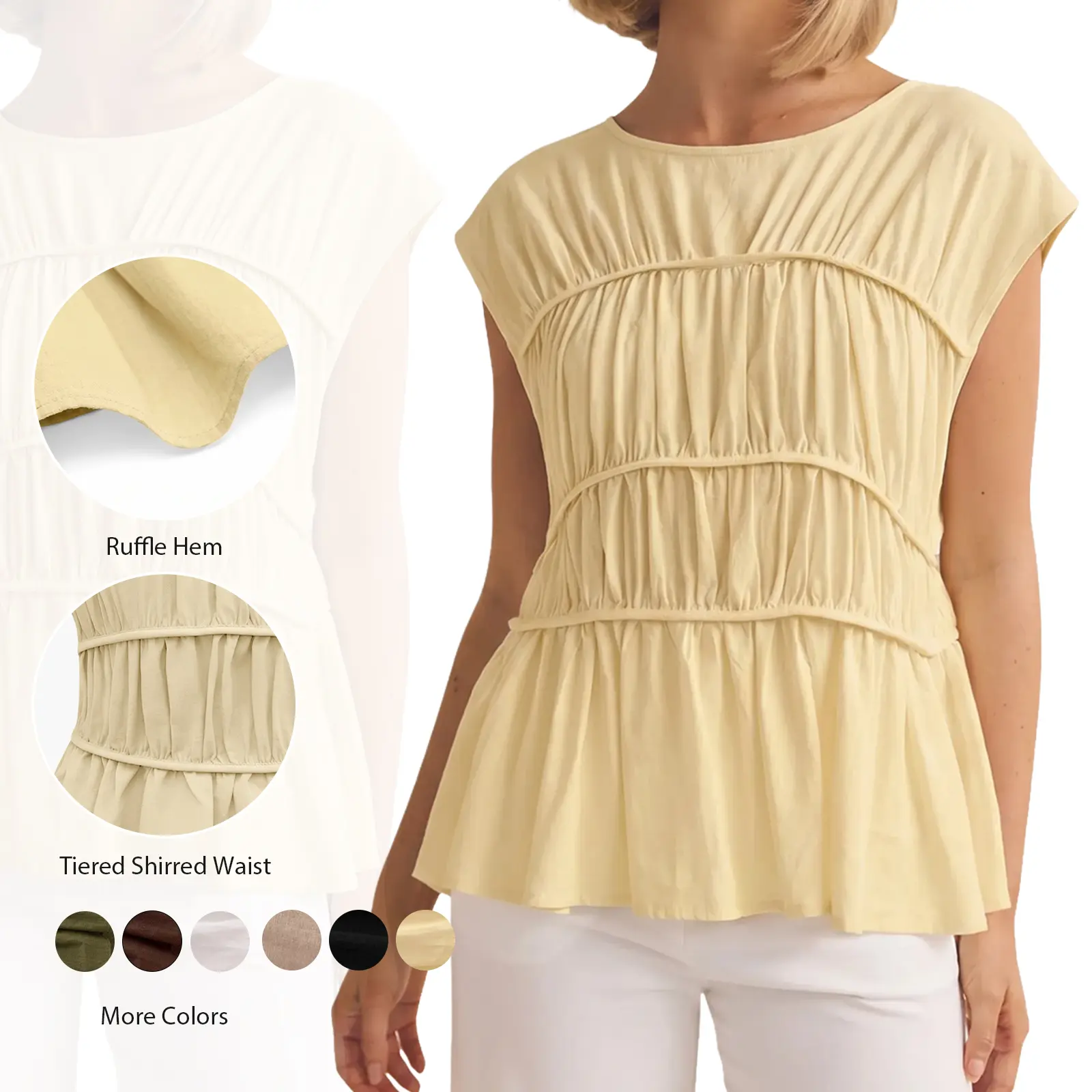 Cicy Bell Womens Cap Sleeve Peplum Tank Tops Summer Babydoll Smocked Cotton Shirts Casual Crew Neck Pleated Blouse Boho Ruched Bust Breathable Womenswear Cicy Bell Womens Cap Sleeve Peplum Tank Tops Summer Babydoll Smocked Cotton Shirts Casual Crew Neck Pleated Blouse Boho Ruched Bust Breathable Womenswear