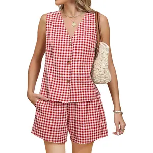 2 Piece Sets for Women Summer Outfits 2026 Sleeveless V-Neck Gingham Vest and Shorts for Beach Vacation Travel