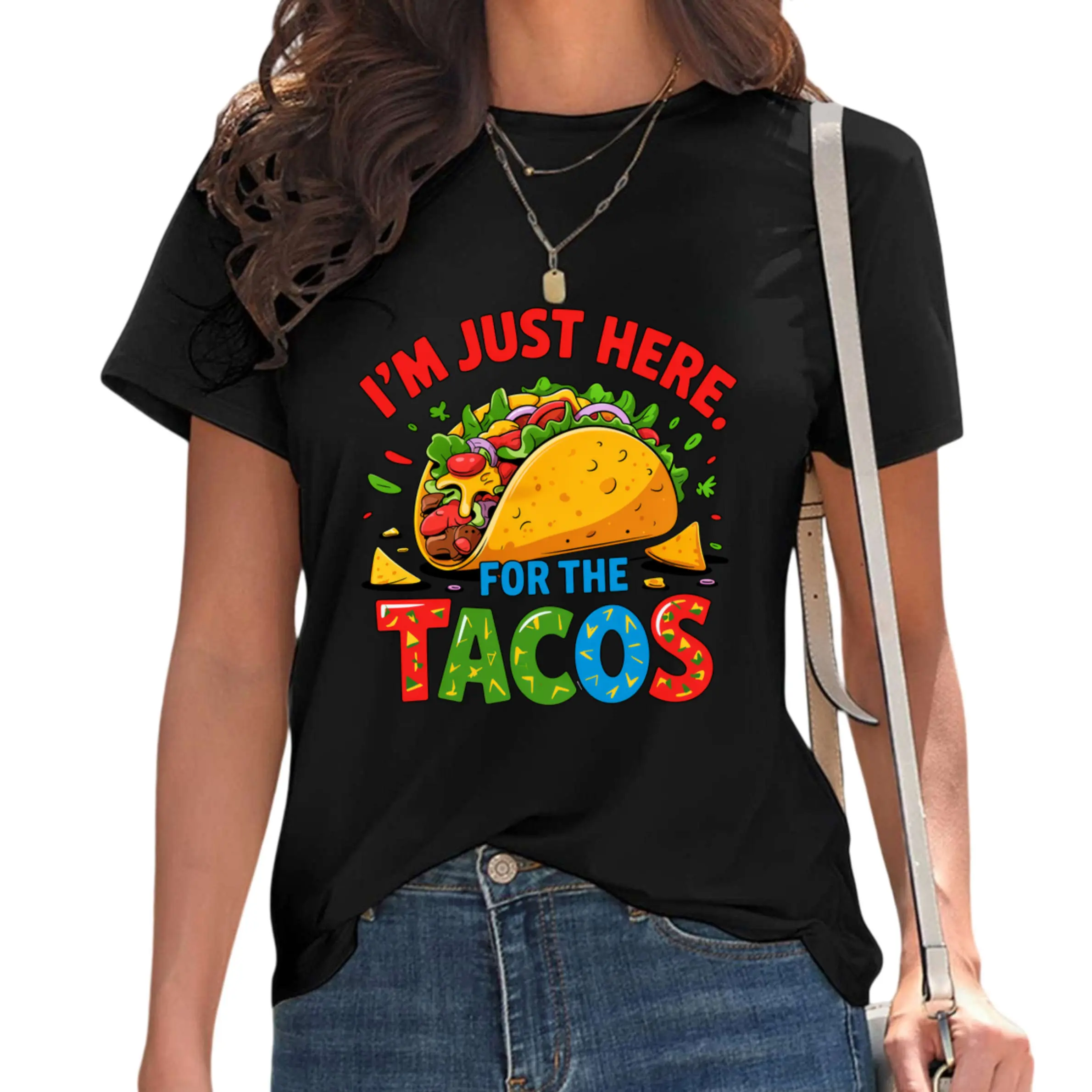 Women's "I'm Just Here for the Tacos" Mexican T-Shirt - 100% Soft Casual Tee with Taco, Chili Pepper & Sombrero Print, Funny Spanish Phrases, Taco Tuesday Outfit, Machine Washable Top, Graphic Tees Women, Women Tshirt, Funny Tshirts Women Check Unisex