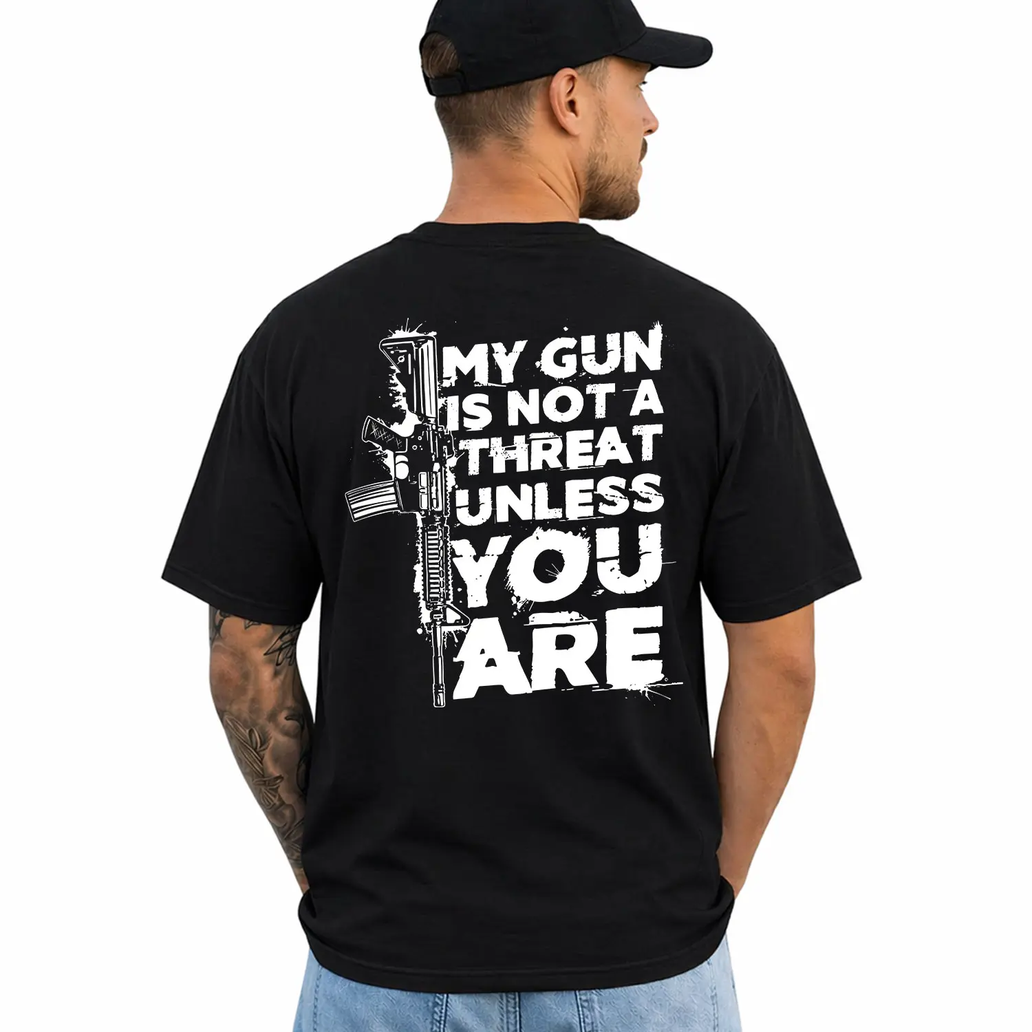 Bold Second Amendment Statement T-Shirt – “My Gun Is Not a Threat Unless You Are” Graphic Tee, Patriotic Streetwear, Unisex Casual Fit, Short Sleeve Printed Graphic Shirt, Unisex Graphic Tees, Funny Shirts, Daily Casual Cotton Menswear