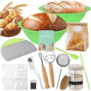 Sourdough Starter Kit,Sourdough Bread Baking Supplies(Green),10 Inch Oval & 9 Inch Round Banneton Bread Proofing Basket Set with Sourdough Starter Jar,Sourdough Kit Gifts for Baking Lovers