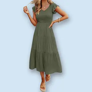 Women's Flutter Sleeve Smocked Midi Dress V Neck Casual Tiered Dresses with Pockets