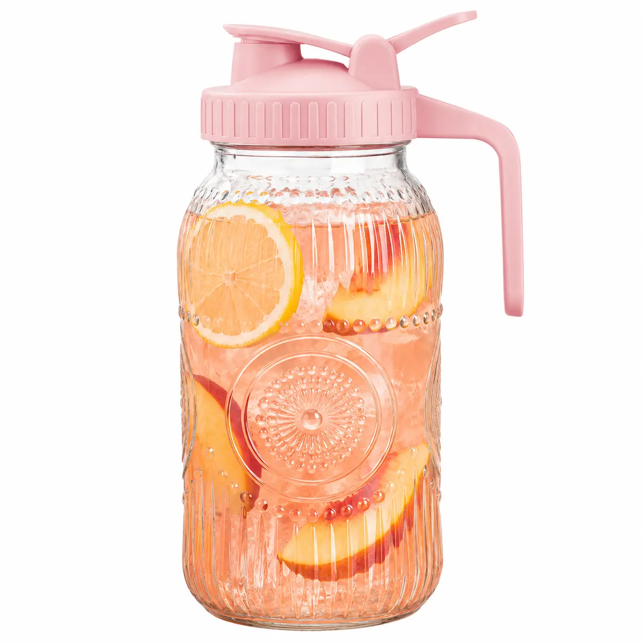 64 oz Heavy Duty Sturdy Wide Mouth Glass Mason Jar Water Pitcher - Silicone Pour Spout, Handle, Lid, Ideal for Cold Brew Coffee, Iced Milk, Creamer