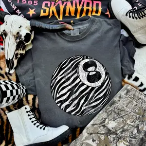 Distressed Zebra 8 Ball Shirt, western clothing, western tops, western outfits women, western cowgirl stuff, punchy western wear, country girl stuff clothing clothes, women's graphic tees, sweatshirts for women, rodeo outfits, sweatshirts for women