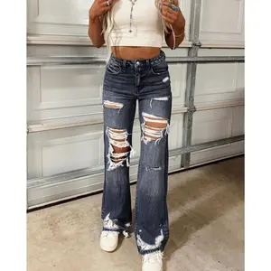 2025 High-Waist Ripped Jeans Loose Flared Bell-Bottoms Women’s Casual Wear Comfortable Basic Everyday Fitted