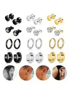 Men's Stainless Steel Synthetic Zircon Earrings Set, Punk Style Ear Studs, Statement Earrings, Earring Stack, 12 Pairs, Ideal for Daily Wear and Gifts