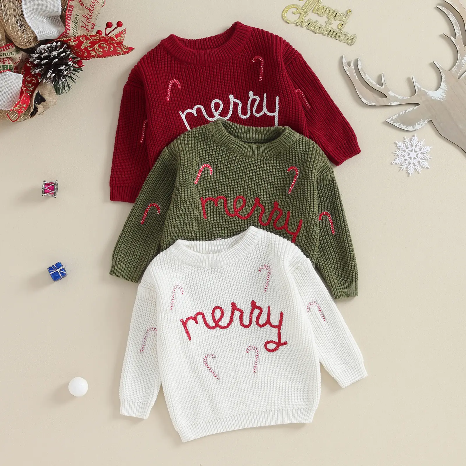 Infant Toddler Girl Cute Long Sleeve Embroidered Sweater, Candy Cane Embroidery, Fall Winter Baby Kids Sweaters, Infant Tops