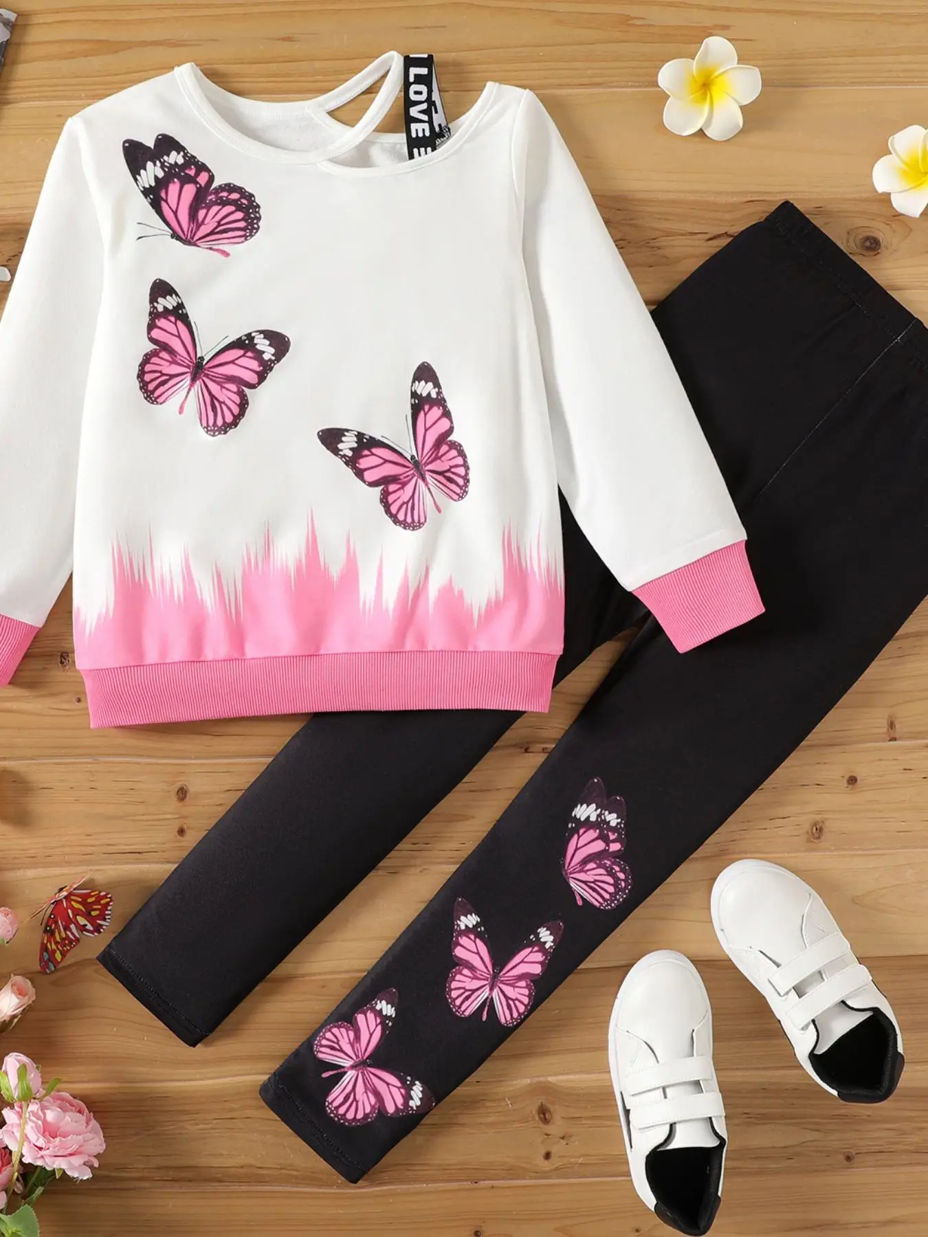 Girl's 2pcs Butterfly Print Asymmetrical Neck Sweatshirt & Skinny Pants Set, Casual Long Sleeve Contrast Binding Pullover & Pants For Spring & Fall, K