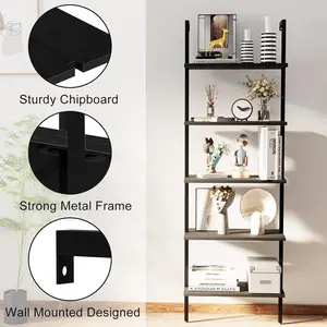 Black Home Decor Stylish Modern 5-Tier Ladder Shelf Bookcase Wall-Mounted Open Bookcase Storage Rack Industrial Modern Plant Stand Utility Organizer for Living Room Bedroom Office Durable Sturdy Chipboard Strong Metal Frame