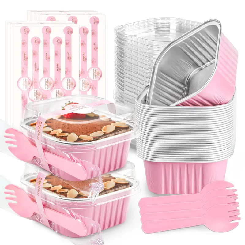 60 Pack Mini Cake Pans with Lids Mini Aluminum Pans, Disposable Loaf Pans Cupcake Liners with Lids for Pudding, Souffle, Party, Wedding