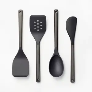 Figmint Silicone Kitchen Utensil Set Black 4pc Steel Cooking Tools Spatula Spoon