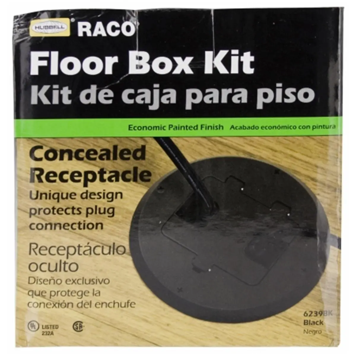 Hubbel Electric Raco Black Concealed Receptacle Floor Box Kit, Compatible with Wood & Tile Floors, 125V 15A, 5.85 x 5.85 x 5.5 in Dimensions