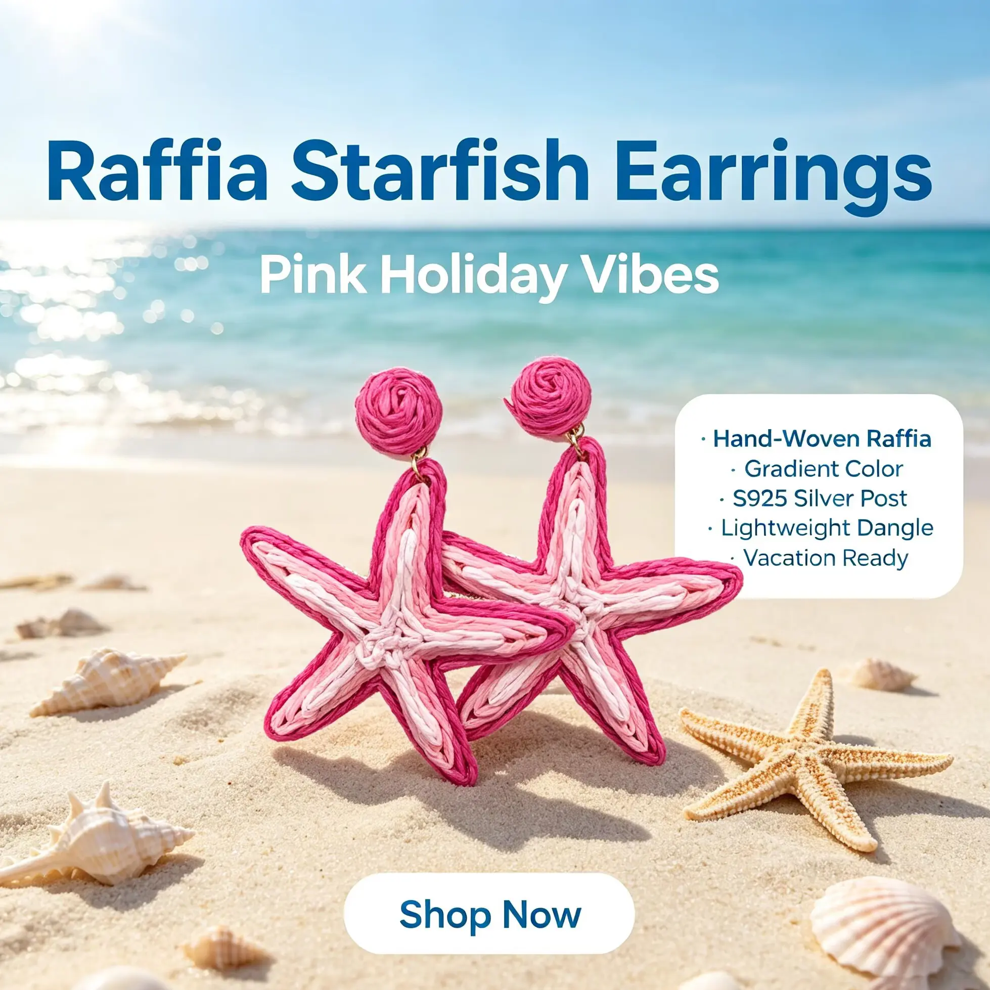 Raffia Starfish Earrings Pink Holiday Vibes Hand-Woven Raffia S925 Silver Post Lightweight Dangle