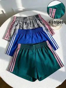 3-Pack Summer Sporty Plain & Camo Print Casual Athletic Wear Shorts, Elastic Waist Loose Fit, Side Stripes, Women's Daily Wear Bottoms