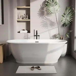 Garvee 67" Free Standing Tub, Pure Acrylic Freestanding Bathtub, Luxury Oval-Shaped Deep Soaking Bath Tub with Chrome Drain, Chrome Overflow and Drainage Pipe, Gray+White