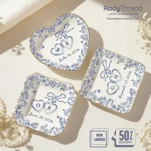 [Flash Deal] RodyThread Personalized Blue Toile Ring Dish Wedding Stuff, Custom Initials And Date Trinket Dish, Floral Ceramic Tray Unique Gift For Her