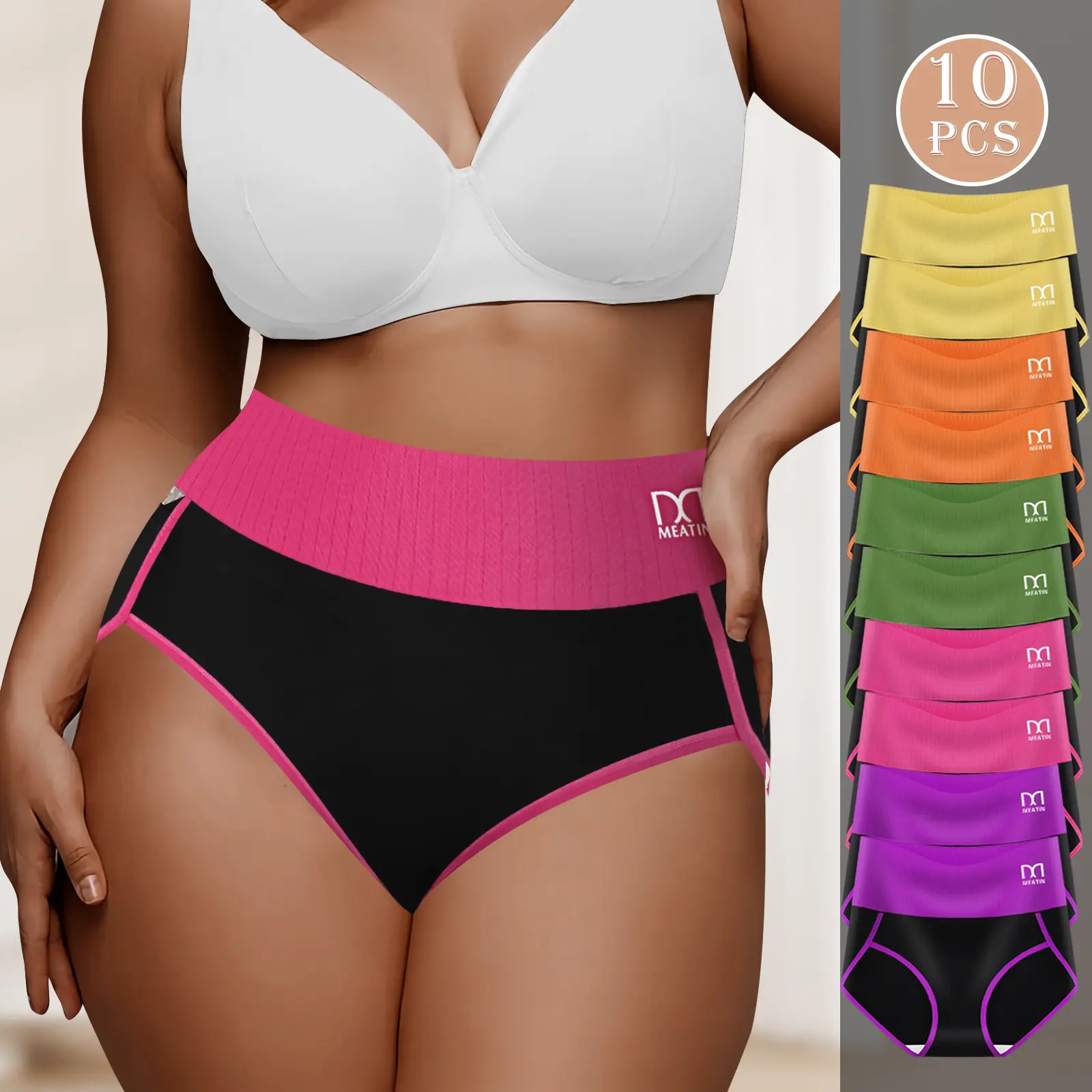 QUASTI 5/10Pcs Plus Size Women's Essential Casual High Waist Color Block Cotton Briefs - Ribbed Wide Waistband, MEATIN Logo, Extra Wide Anti-Chafe Legs, Soft Breathable Day Fabric Curvy Daily Panties, Wide Leg, Fit