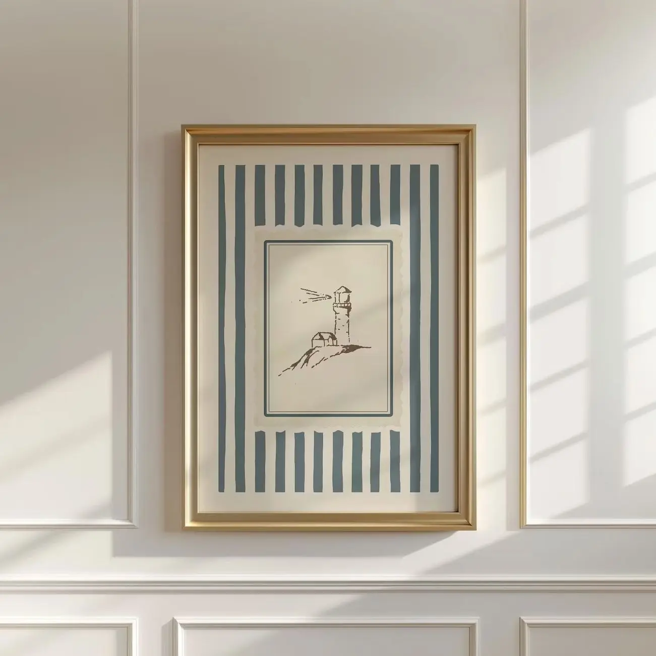 Vintage Lighthouse Wall Art, Coastal Blue Stripe Nautical Poster, Beach House Decor | Frameless Poster Q