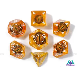 Amber Draconis | Dragon Eyes Dice, Translucent Golden-Orange, Brown | Resin Dice Set (7)
