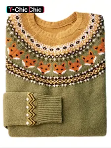 Women's Fair Isle Fox Halloween Knit Sweater, Vintage Fall Winter Fashion, Casual Long Sleeve Pullover, Round Neck Design, Knitwear