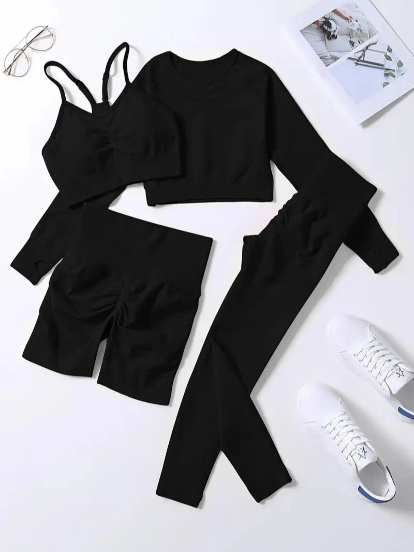Women's Solid Ribbed Long Sleeve Top & Crop Cami Top & Skinny Short & High Waist Legging Set, Sporty Breathable Comfy Outfits Athletic Fitness Clothes for Yoga Gym Workout Running, Ladies Sportswear Athletic Sets for All Seasons