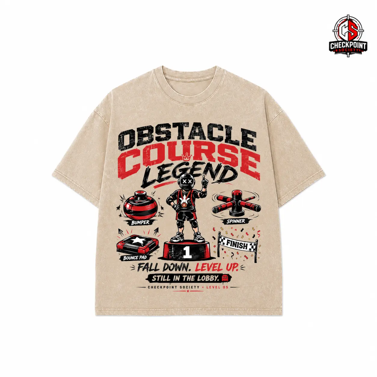 Vintage Washed Black Gamer T-Shirt, 'Obstacle Course Legend' Game Themed Graphic Tee, Casual Streetwear Short Sleeve Top For Gamers, Retro Gaming Style Clothing Suitable For Daily Wear And Game Sessions