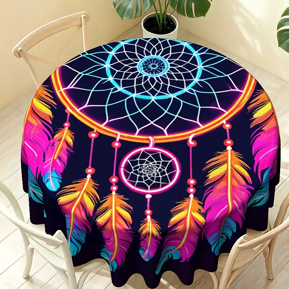 (2D Flat Printing) 1pc, Vibrant Neon Dreamcatcher Pattern Round Tablecloth, Holiday Party Decoration Round Circle Tablecloth Table Mat, Outdoor Decor Picnic Camping , Suitable for Easter, Mother's Day, Home Kitchen