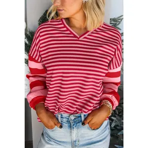 Strawberry Pink Mix Striped Drop Shoulder Patchwork Sleeve V Neck Pullover