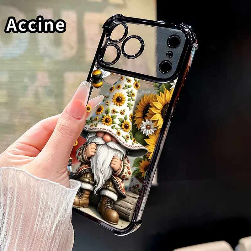Sunflower Gnome Charm Pattern Four Corner Anti-Fall Phone Case Transparent Electroplated Protective Cover for iPhone 17 16 Pro Max 15 Plus 14 13 12 11 Air E