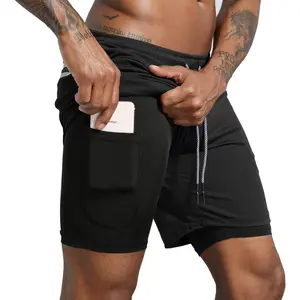 Men's 2 in 1 Workout Running Shorts Lightweight Training Yoga Gym 7" Short with Zipper Pockets