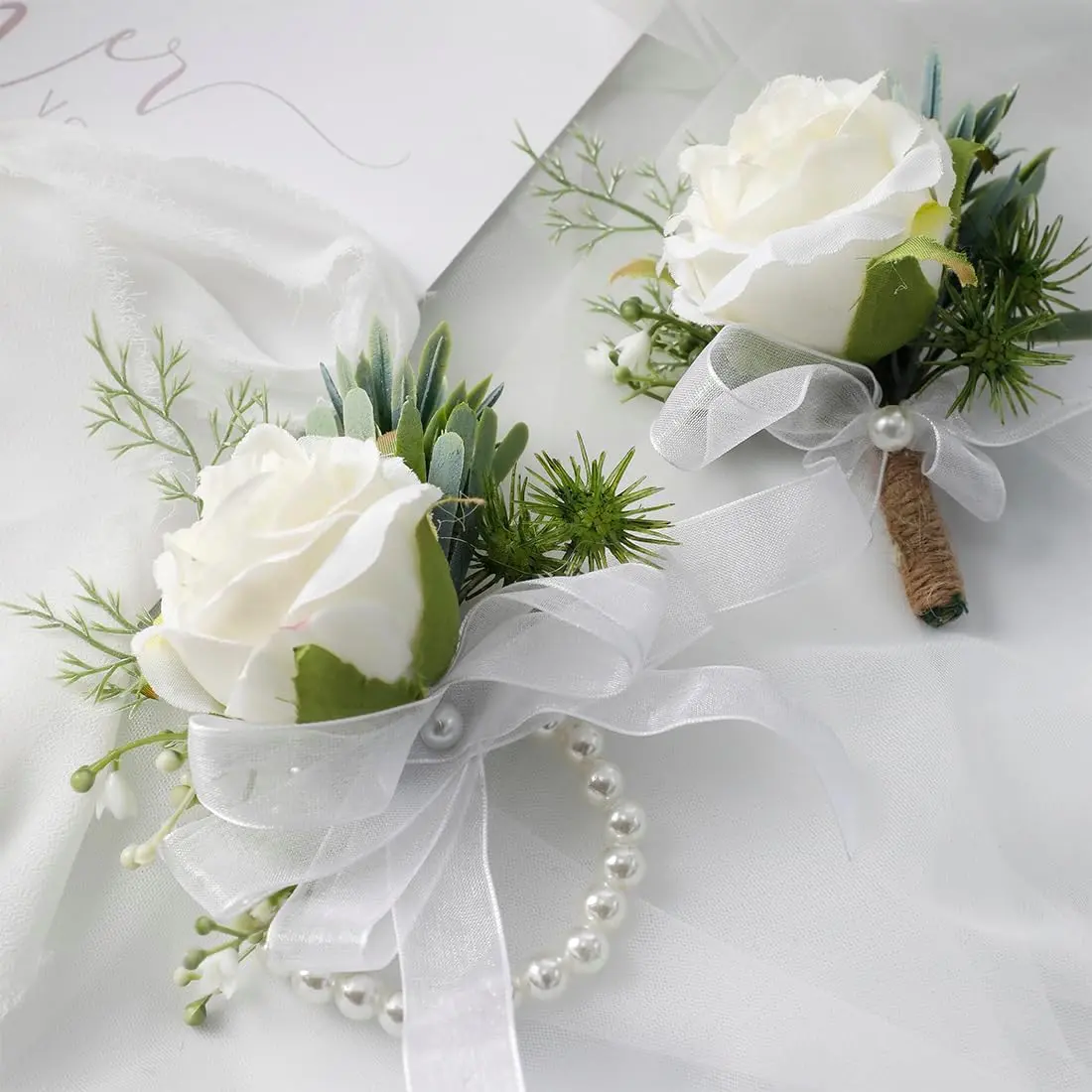 Rustic Chic Wrist Corsage and Boutonniere Set Pack, Ivory Silk Rose with Adjustable Pearl Bracelet for Wedding Prom Ceremony, Beach, Adjustable Bracelet, Handcrafted, Pearl Accents, 1 Boutonniere & 1 Wrist Corsage, 1 Set