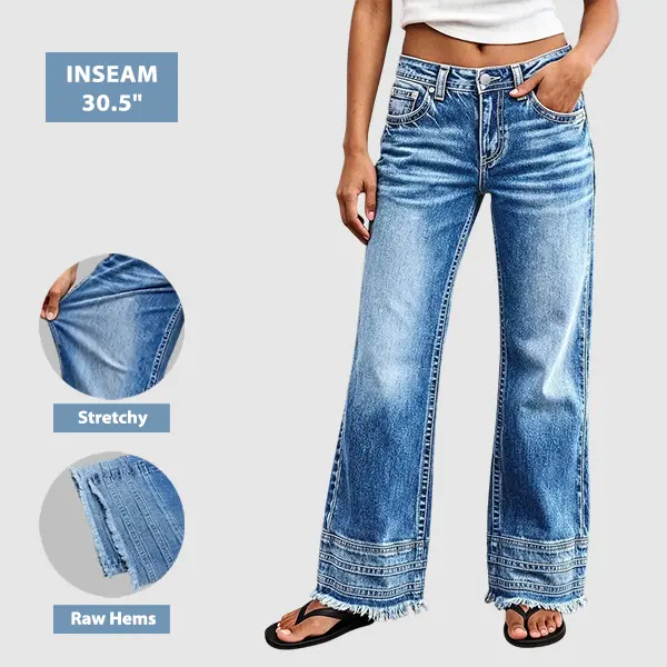 Flamingals Wash Raw Hem Stitch Detail Mid Waist Wide Leg Jeans Stretchy 30.5'' Inseam