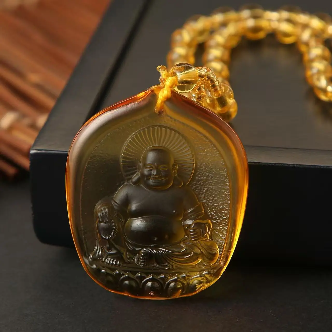 Amber Tone Laughing Buddha Pendant Necklace, Chinese Maitreya Buddha Carved Amulet Jewelry