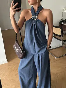 Women's Halter Neck Top & Wide Leg Pants Set, Metal Ring Decor, Elastic Waist, Side Pockets, Lightweight Woven Fabric, Daily Casual Commute Vacation Brunch Wear, Breathable Wrinkle-Resistant, Minimalist Retro Casual Chic Style, Womenswear