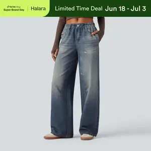 Halara Mid Rise Denim Print French Terry Casual Sweatpants Jeans with Pockets