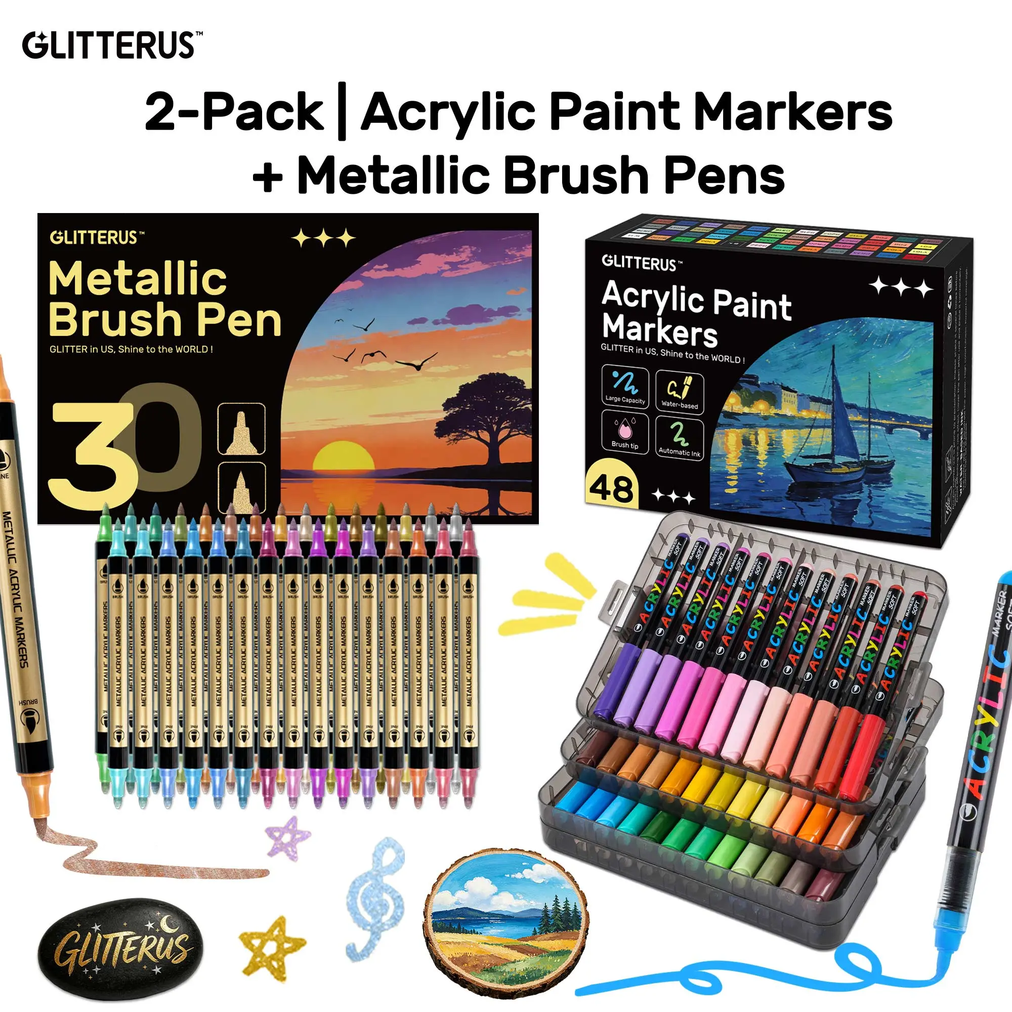 Glitterus Acrylic Paint Markers Bundle, Metallic Dual Brush‑Fine Tip Art Pens+ Regular Stackable‑Box Set, Waterproof High‑Opacity Art Craft Supplies for Kids & Adults, fallpick, sohochic, TikTokShopFallDealsForYou, Halloween
