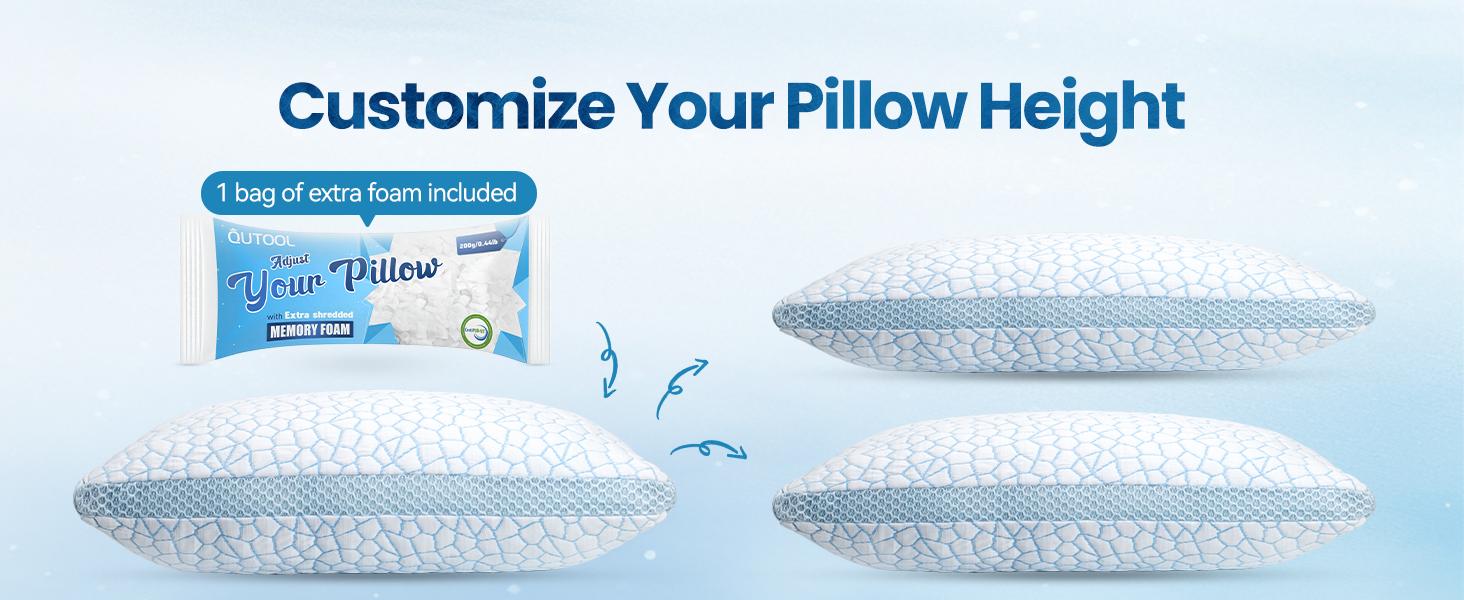 QUTOOL Luxury Cooling Memory Foam Pillows 2 Pack,Bed Pillows Set of 2,Adjustable Gel Pillow for Side Back Sleeper with Removable Cover, Valentine's Day Gifts, Decor Bedroom Accessories
