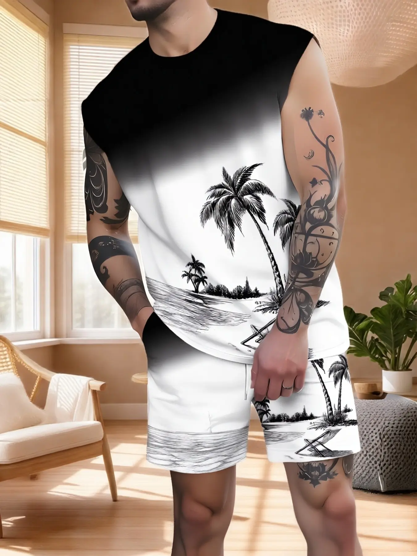Men's Gradient Tropical Palm Tree Print Sleeveless Vest Shorts Set Outfit, Summer Casual Beach Sport Two-Piece Matching Outfits Set, Slim-Fitting Graphic Tee