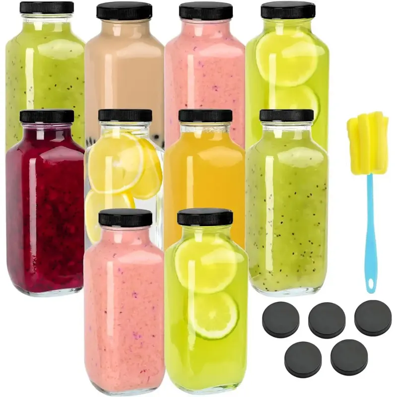 10-Pack 16oz Modern Square Glass Bottles Set - Reusable Transparent With Lid Storage Bottles & Jars, Portable Juicing Containers, Airtight Lids, Cleaning Brush, Maintains Freshness