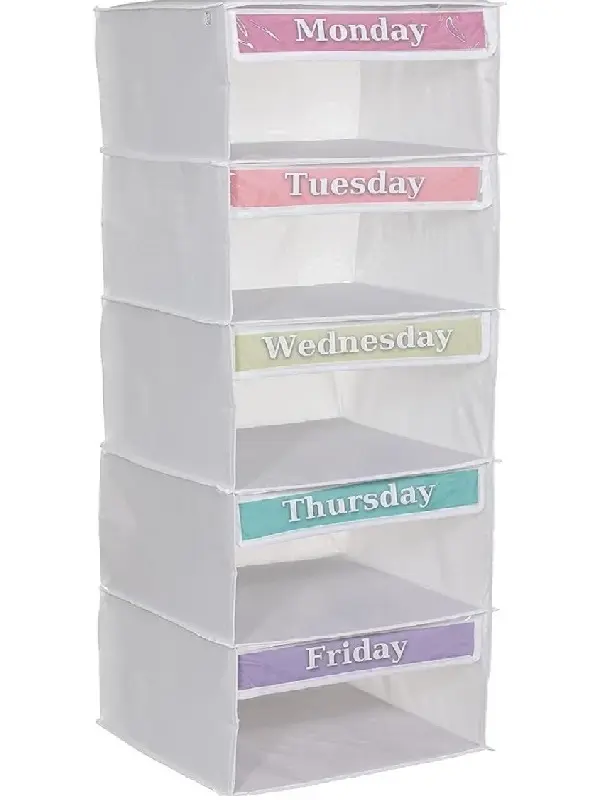 【NewYear2026】5-Shelf Weekly Outfit Organizer – Color-Labeled Hanging Closet Storage, Monday to Friday School Clothes Divider, Durable Polyester 33"