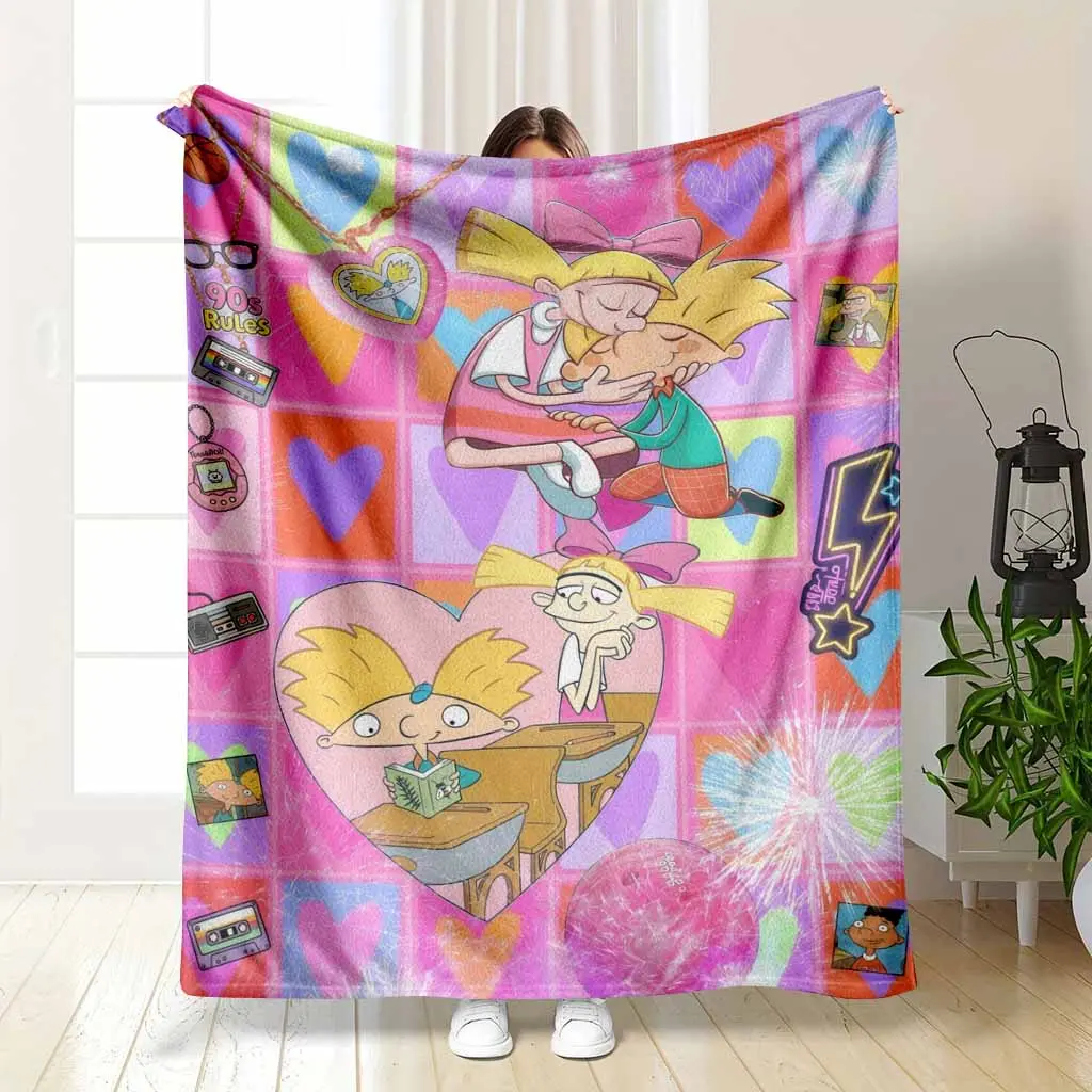 90s Heart Print Nostalgic Cartoon Couple Flannel Blanket - Valentine Gift, Lightweight Warmth, Fluffy Soft, Breathable, Wrinkle Resistant, Folds Small for Bag, Vacuum-Packed Ship, for Living Room Home Decor