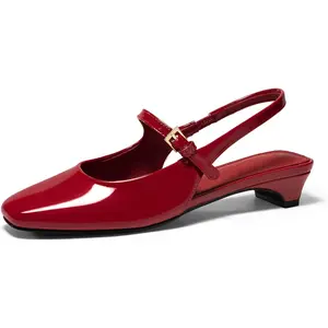 Coutgo Women's Mary Jane Chunky Low Heels Slingback Ballet Flats Closed Square Toe Wedding Dress Shoes