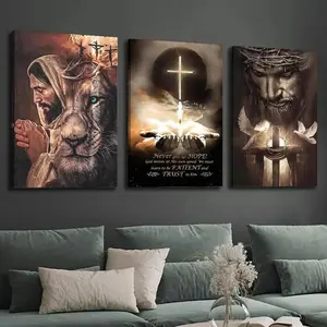 3 Piece Religious Canvas Art Set, Lion & Cross, Jesus Christ Portrait, Dove & Cross, Wood Frame Wall Decor, Modern Classic Style
