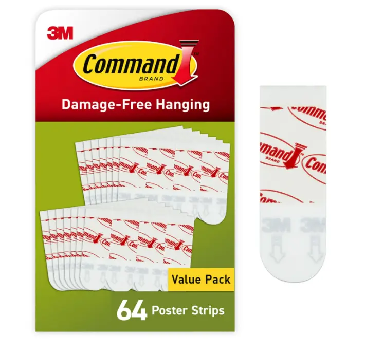 Command Poster Strips, Damage Free Hanging Poster Hangers, No Tools Wall Hanging Strips for Posters, 64 White Command Adhesive Strips