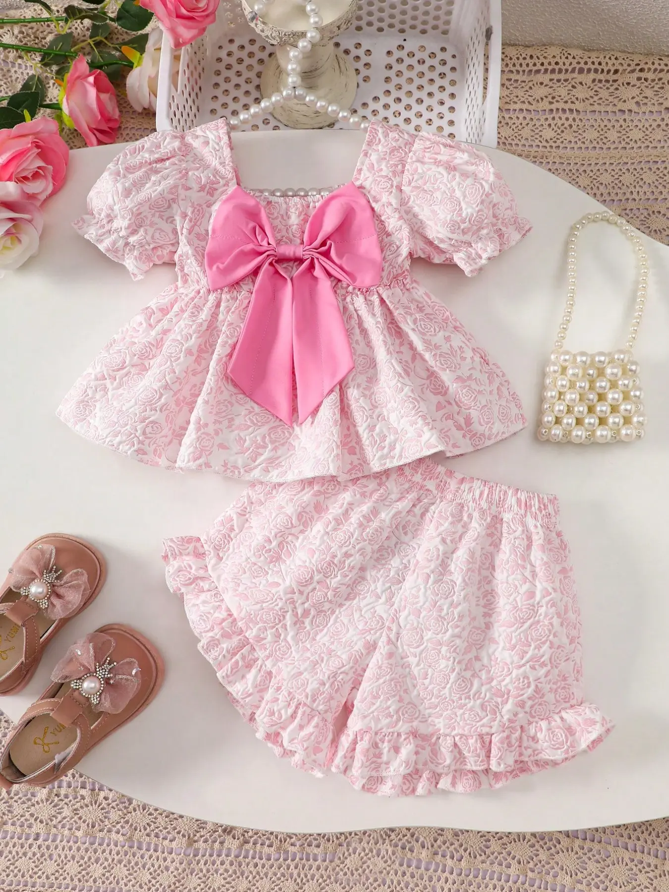 Baby Girl Cute Elegant Summer Two-Piece Set, Baby Clothing, New 2026 Design, Square Neck Bubble Sleeve Top + Lace Shorts, Outdoor Casual/festival Photography, Clothes