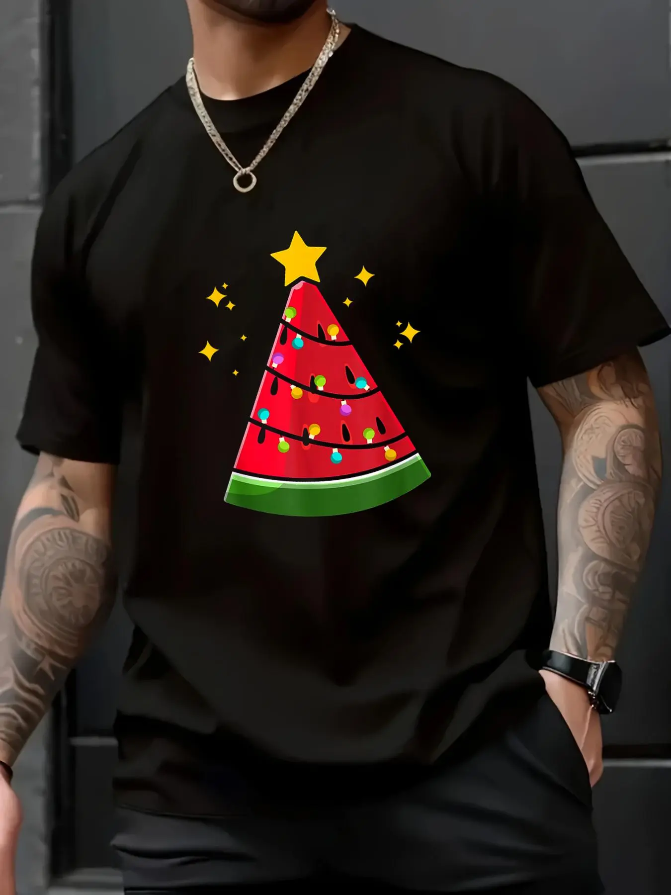 Men's 100% Cotton Christmas in July T-Shirt - Casual Watermelon Tree Print, Loose Fit, Round Neck, Short Sleeve Summer Top, Avoid Ironing Prints, for Parties, Pair with Jeans, Cold Wash