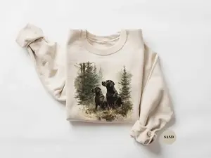 Black Labrador Retriever Graphic Sweatshirt Hunting Dog Forest Scene Wildlife Art Outdoor Lover Gift Dog Lover Unisex Crewneck Pullover - KitchenEra