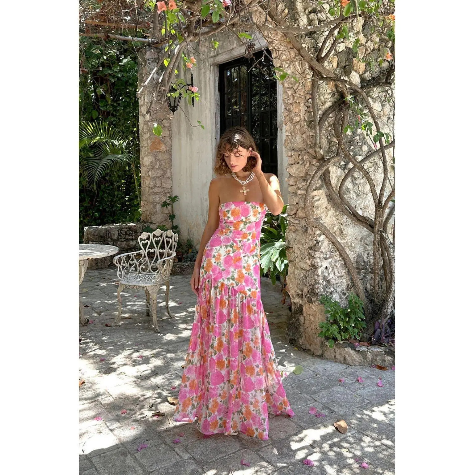 LaBelle Strapless Drop Waist Pink Floral Maxi Dress